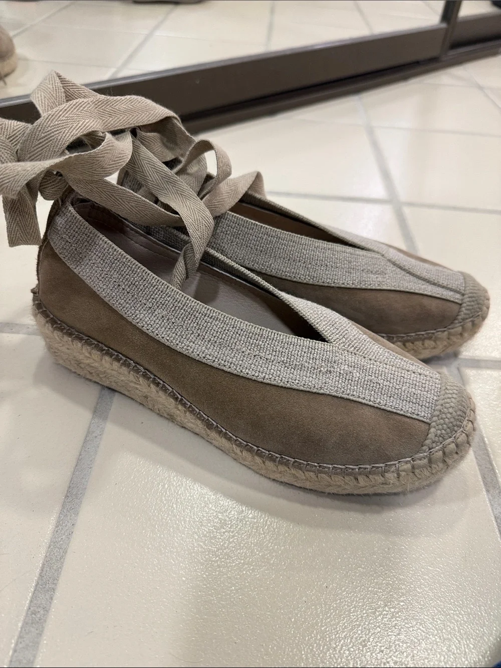 Suede Wrap Espadrille Flats in Taupe
